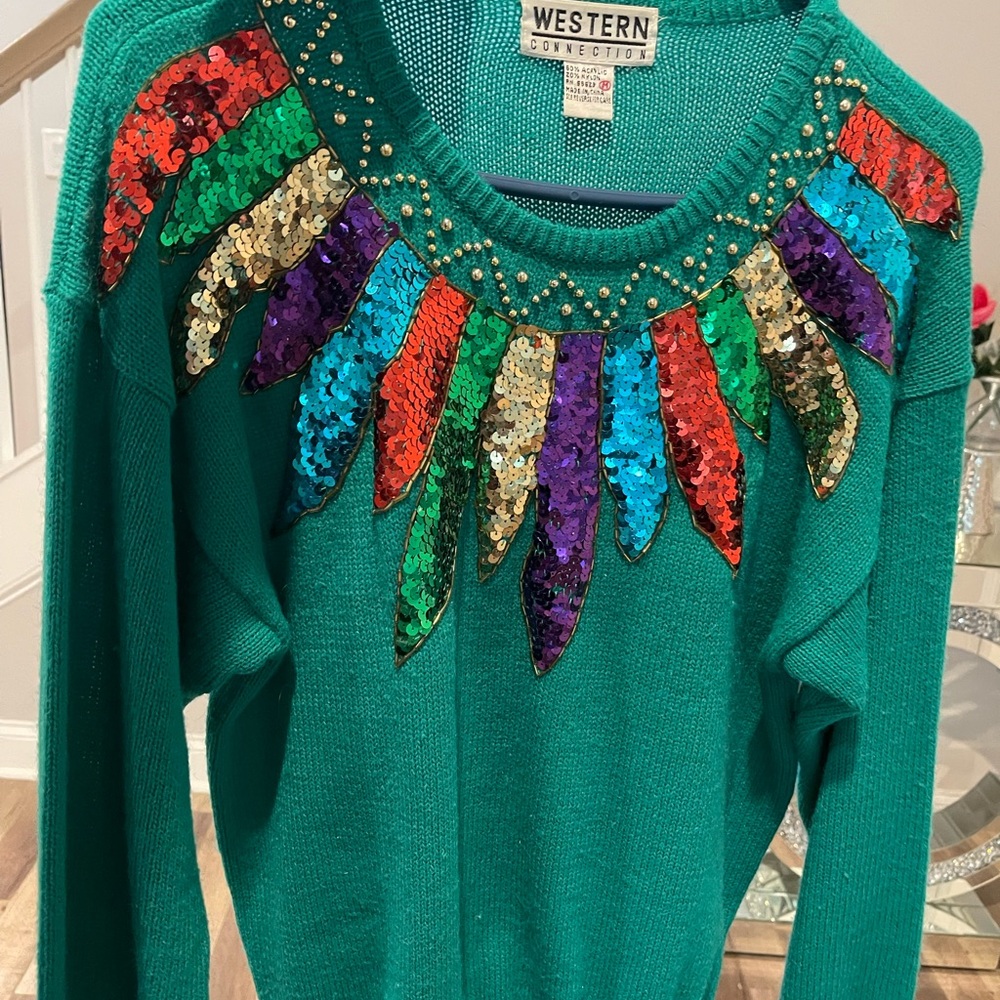 Western Connection Women's Teal Sequin Feather Sweater